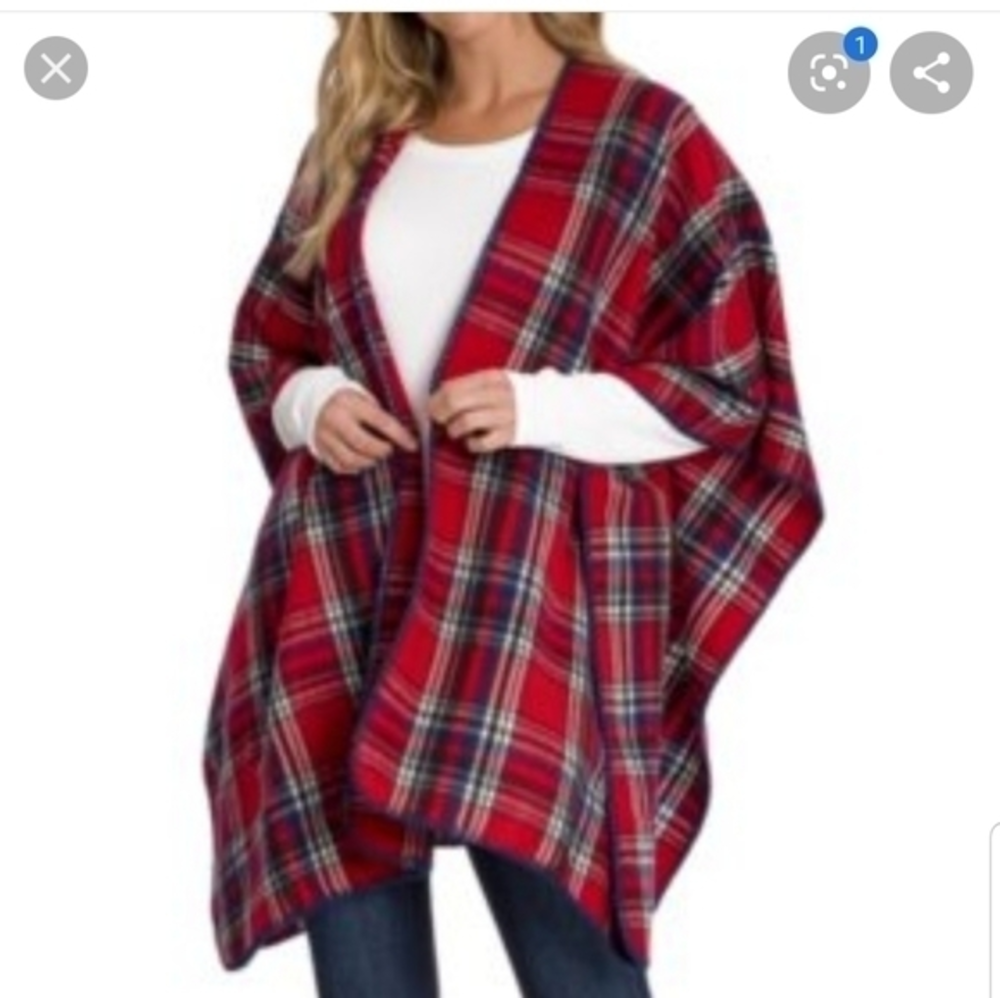 NWT RED BLUE PLAID PONCHO WRAP SWEATER Red Blue